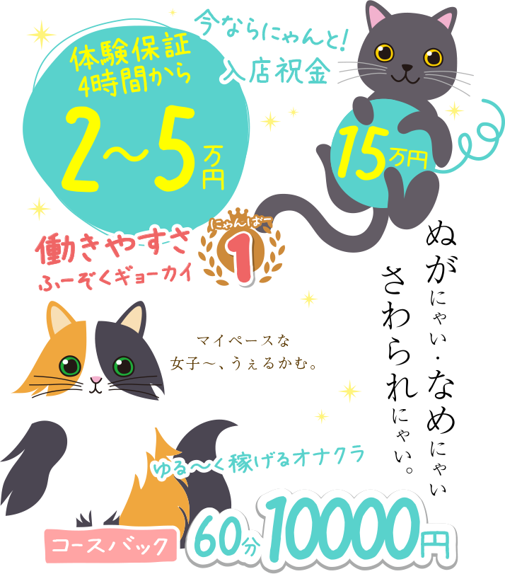 ソフトサービス専門店おにゃくら　ぬがにゃい・なめにゃい・さわられにゃい。ゆる～く稼げるオナクラ働きやすさふーぞくギョーカイにゃんばー1　絶対バレない安心システム入店祝金15万円　体験保証4時間から2～5万円　コースバック60分10000円
